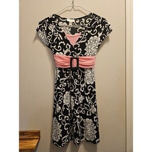Limited Too Girls Black White Floral Damask Dress Pink Sash Buckle Size 12